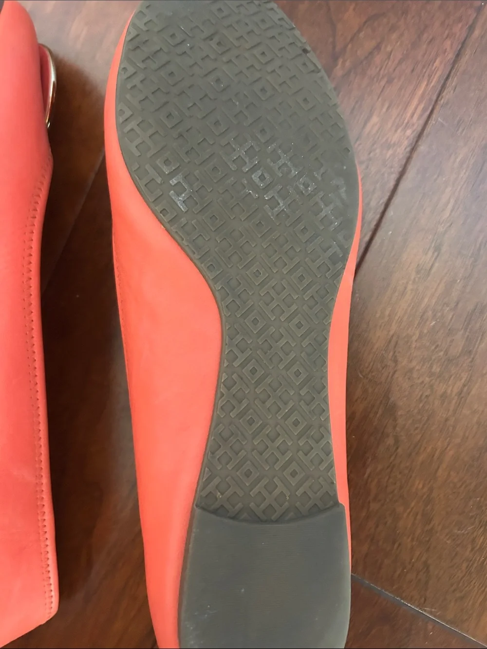 Tory Burch Coral Leather Logo Round-Toe Flats